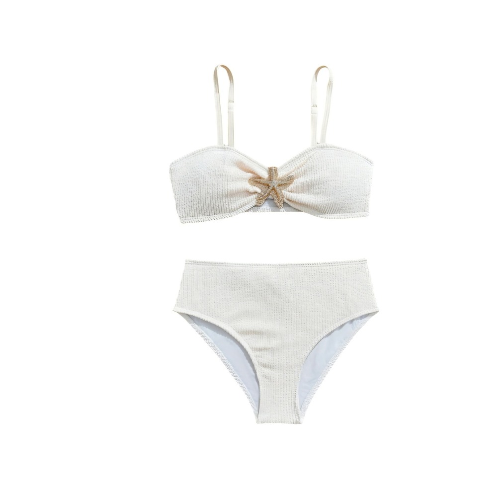 Girls Cream Starfish Textured Bikini Set High Waisted Two Piece Swimsuit 10Y